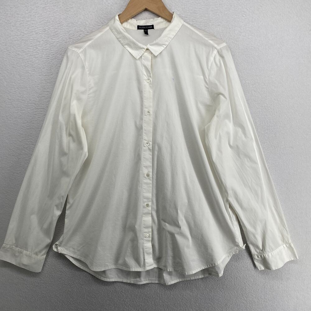 EILEEN FISHER Top L Stretch Organic Poplin Jersey Shirt Button Up White